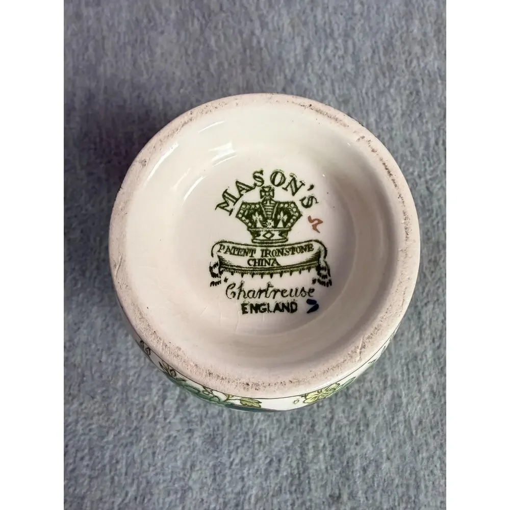 Mason's Ironstone China Mandalay Chartreuse Jam Jelly Jar with Lid Gold Trim